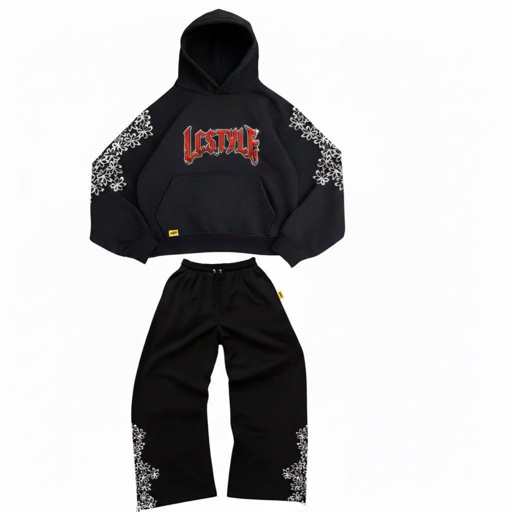 LC. Style Black Flower Hoodie Set